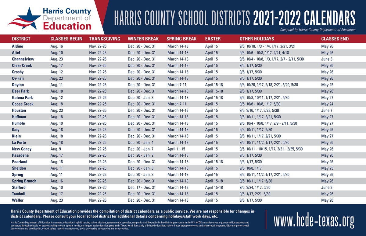 HCDE Releases Comprehensive 20212022 School Calendar for